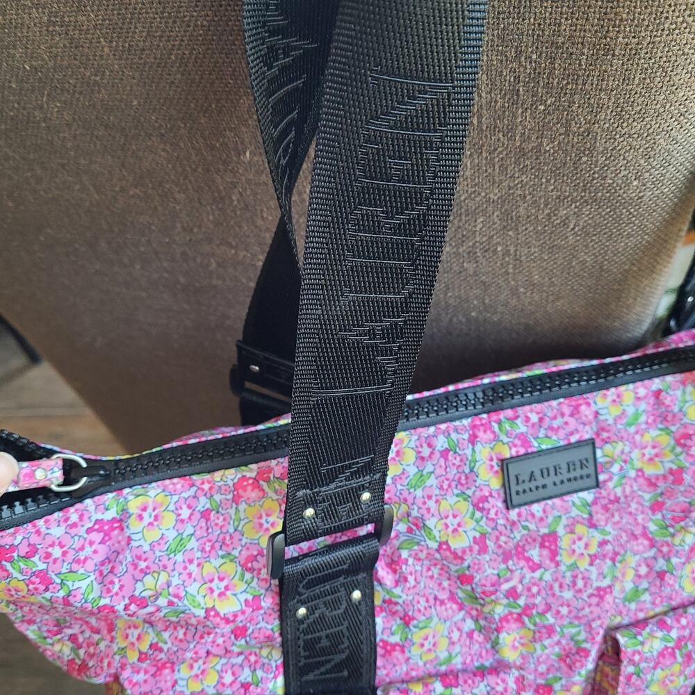 LAUREN‎ Ralph Lauren Large Pink Floral Nylon Travel Tote Beach Black Bag Purse - Picture 3 of 10